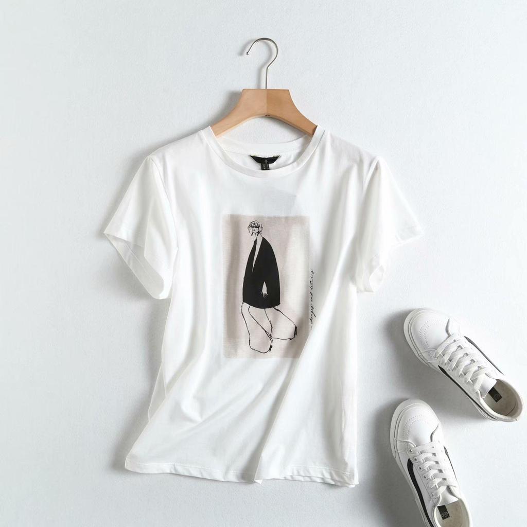 Summer High Quality Elegant Ladies Casual Tee Shirt Top Women Vintage Print Cotton T Shirt Short Sleeve