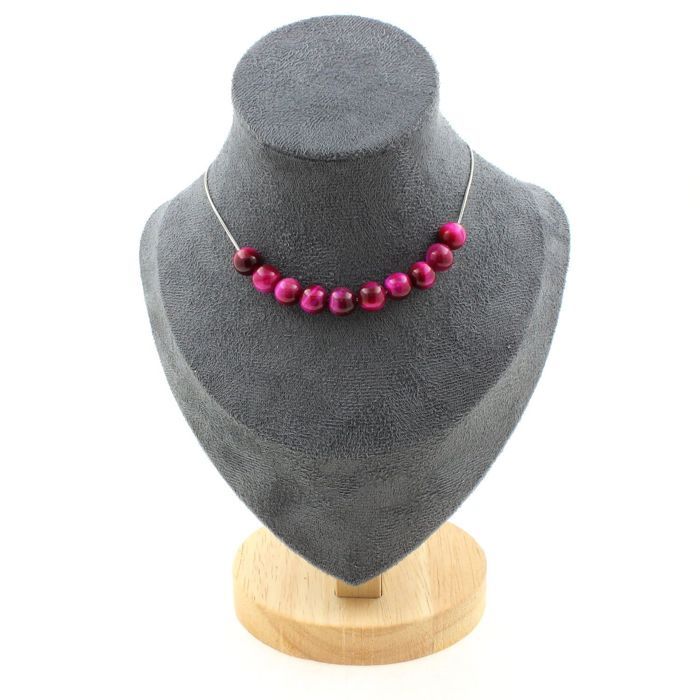 Pierres et Minéraux. Collier 10 perles Oeil de Tigre fuschia 8 mm. Chaine en acier Collier femmes, hommes. Taille personnalisable.
