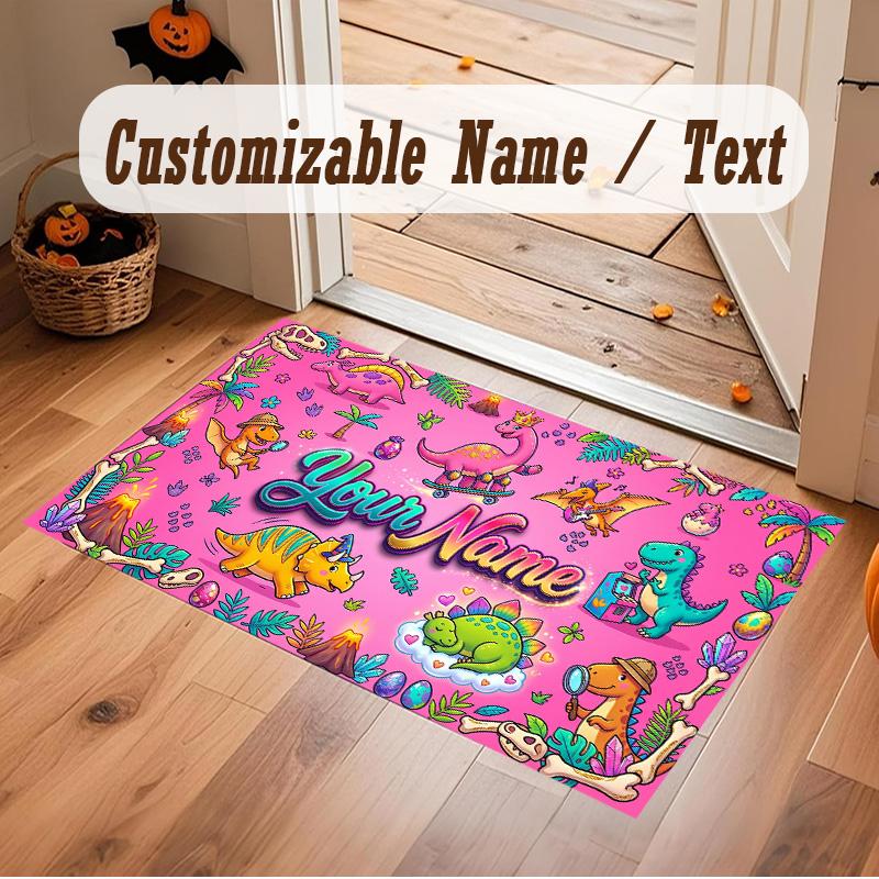 Dinosaur Theme Soft Crystal Velvet Rug Custom Name & Text Print Non Slip Floor Rug for Bedroom Living Room