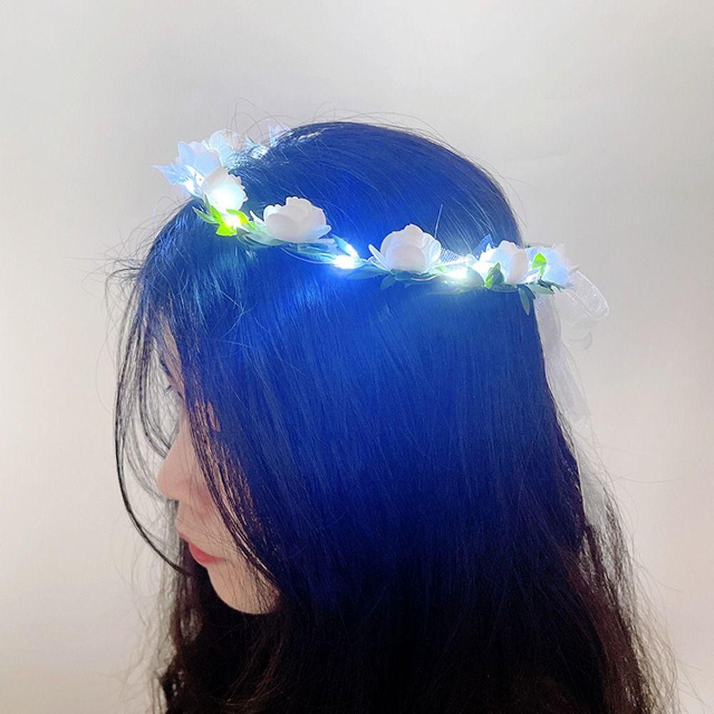 Wedding Rose Flower Women Headwear Crown Flower Headband LED Light Garland Wreath Decoration