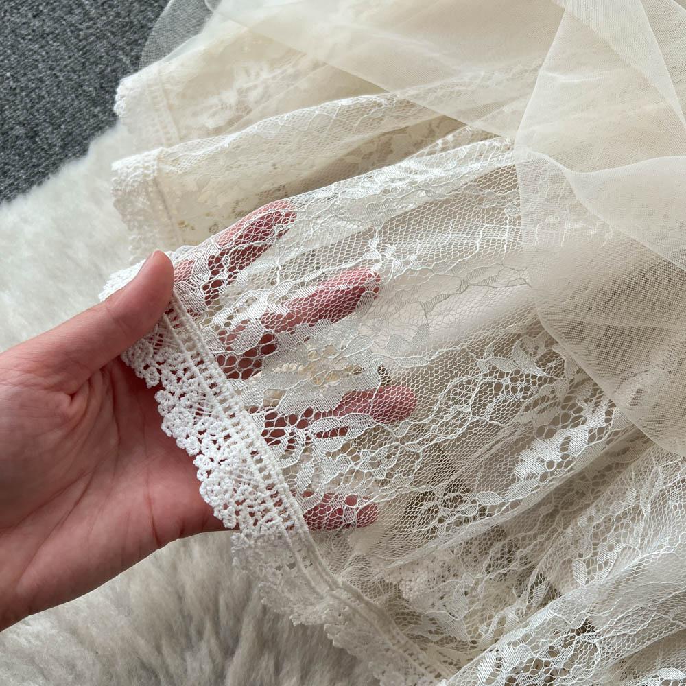 French Retro Palace Lace Jacquard Patchwork Dress Long Sleeves Ruffles Women Elegant Evening Party Dresses