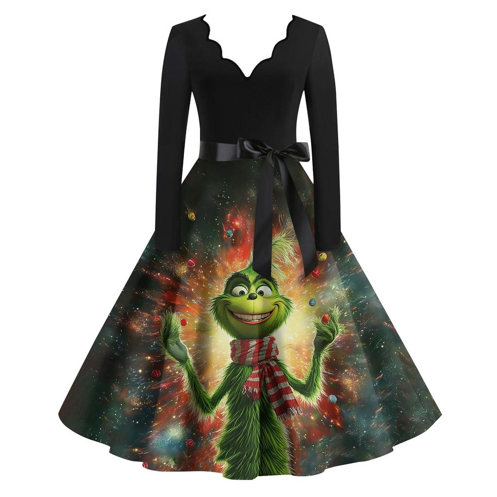 Women's Casual Fashion Print Long Sleeve Dress Cutout Party Casual V Neck Dress