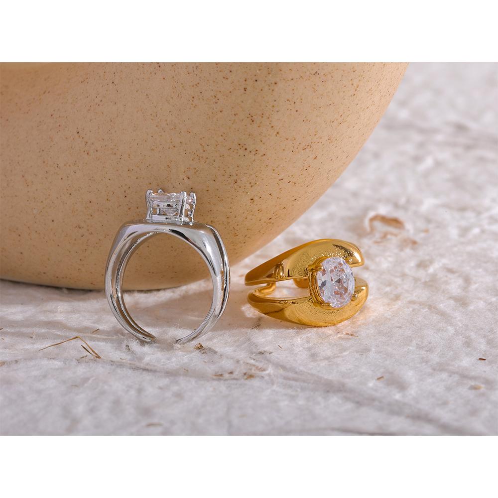Yhpup Delicate Bling Cubic Zirconia Stainless Steel Wide Geometric Fashion Ring Texture PVD Plated Waterproof Jewelry Gift