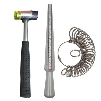 Набор инструментов для измерения размера кольца, включающий оправку для кольца, набор измерительных приборов для определения размера кольца, резиновый ювелирный молоток, стержень для измерения кольца, стальной палец