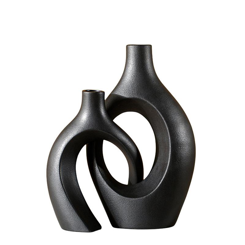 Off White and Black Hollow Ceramic Vase Set of 2, Round Modern Vase Nordic Style Decor Boho Vases for Home Living Room Coffee Table Decorative 28cm