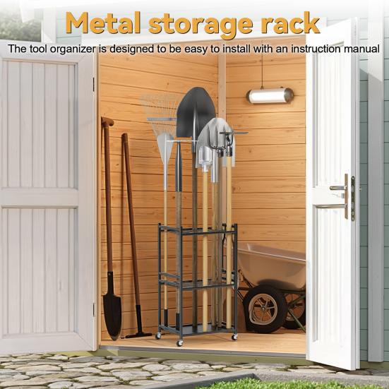 Garden Organizer Tool Organizer, 35-Slot Steel Rolling Rack with Wheels, Adjustable Feet Yard Sturdy Holder for Shovels, Rakes, Brooms and