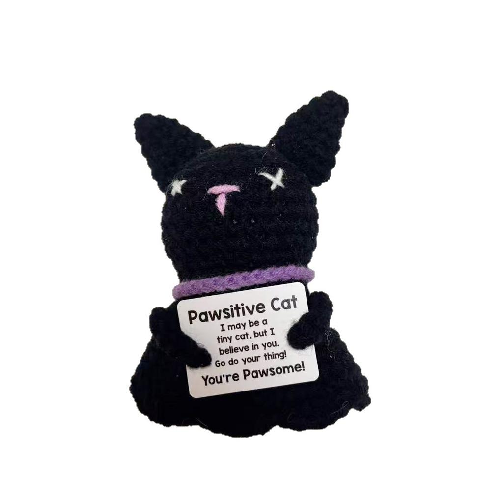 Crochet Emotional Support Cat Ghost Halloween Gifts Desktop Ornament Handmade Knitted Black Cat Doll With Card Home Room Decor