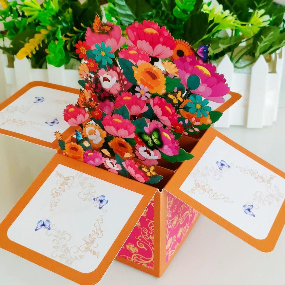 Thank You Cards 3D Pops-up Bouquet Gift Thanksgiving Greeting Cards New Paper Flowers