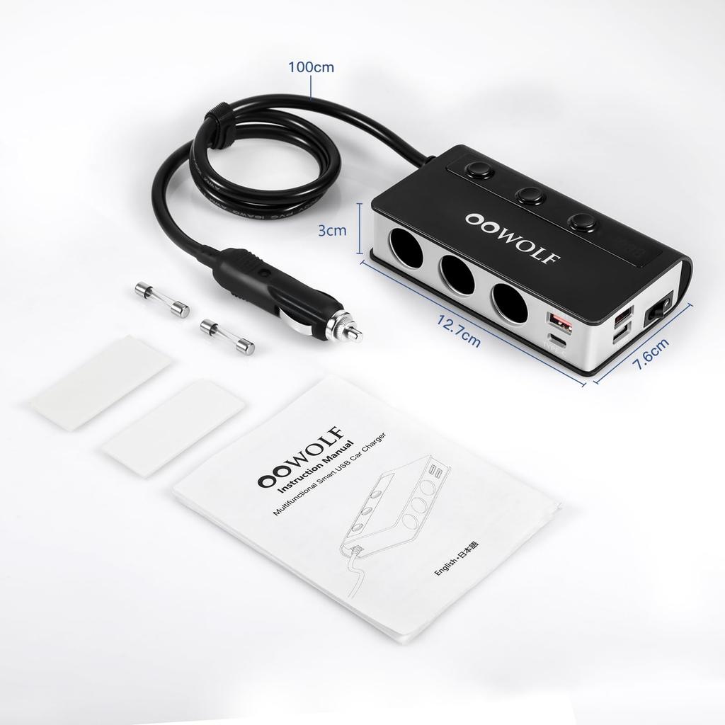 OOWOLF Cigarette Lighter Socket, 3 Connections, 180 W, USB X 4 Ports, Quick Charge