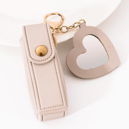 Lipstick Clip Keychain Pendant with Mirror Imitation Leather Lip Gloss Holder Heart-Shaped Pendant Alloy Key Ring