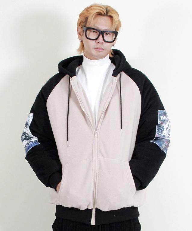 Demarc Oversized Color Block Graphic Fleece Padded Hooded Jumper Black