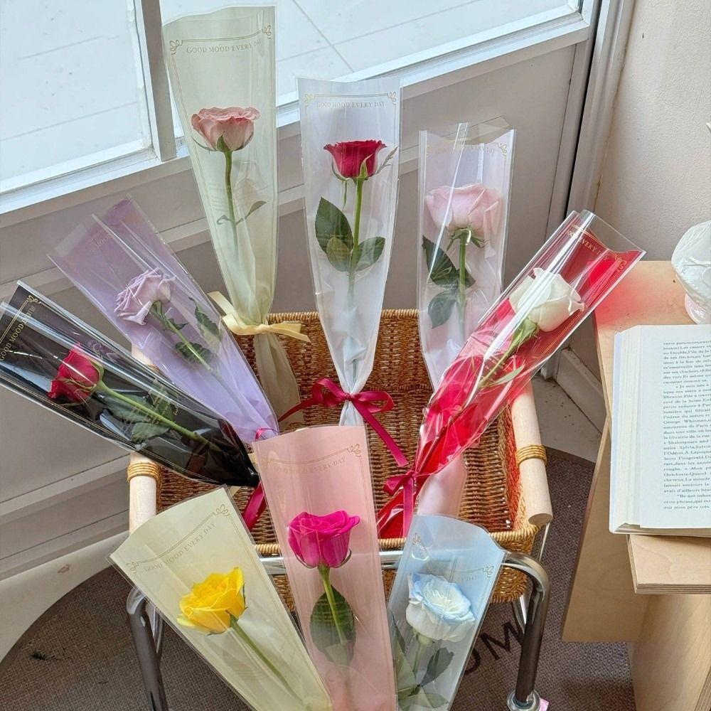 50pcs Transparent Single Rose Sleeves Waterproof Bouquet Packaging Sleeve Anniversary