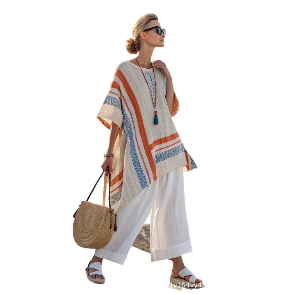 1116 Summer European & American 1D Printed Set Women's Loose Crew Neck Shirt and Long Pants Two-Piece Set for Women