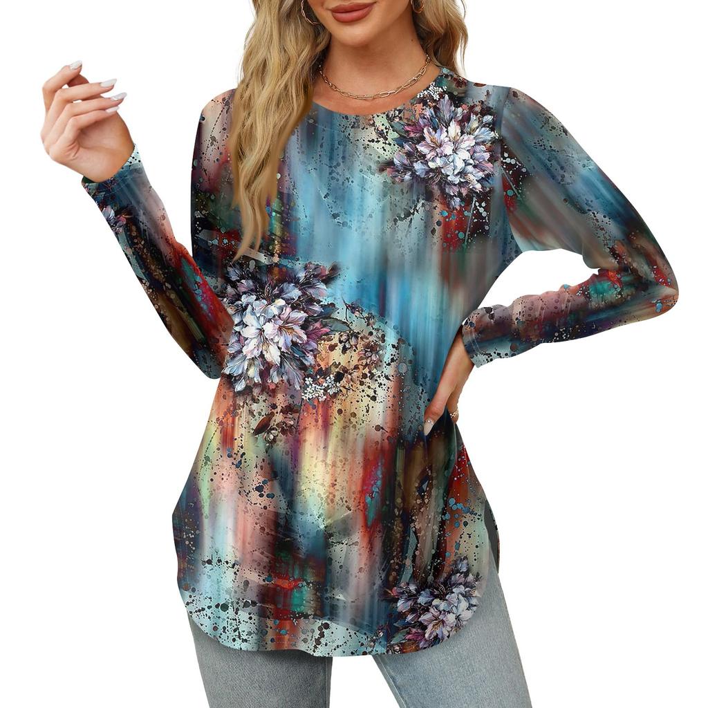 Женская рубашка с длинными рукавами, круглым вырезом и боковым разрезом, винтажный повседневный топ с цветочным принтом и листьями