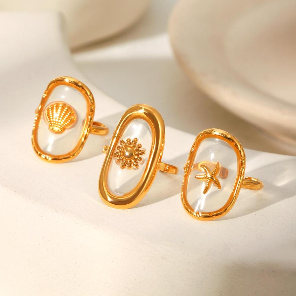 Роскошное европейско-американское кольцо из титановой стали с 18-каратным золотым покрытием, эпоксидной смолой и ракушкой для женщин