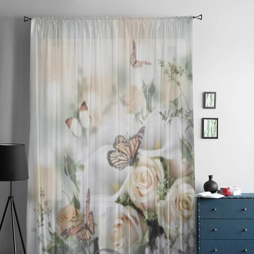 Yellow Roses And White Calla Lilies Butterfly Flower Tulle Sheer Curtains for Living Room Kitchen Decor Voile Organza Curtain
