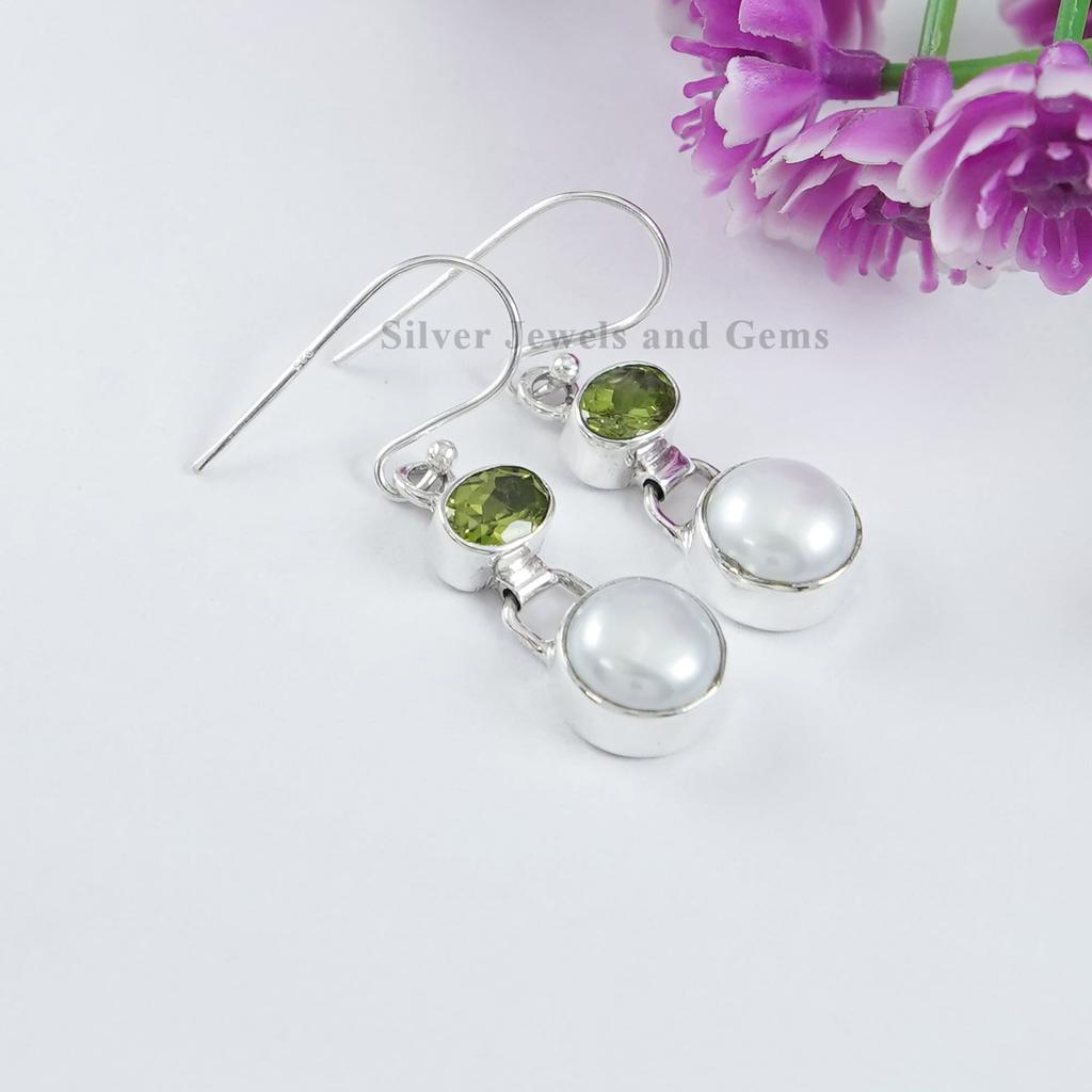 Natural Pearl and Peridot Earring, Handmade Earrings, 925 Sterling Silver Round Fresh Water Pearl Earrings, Gift for Mom, Peridot Earring