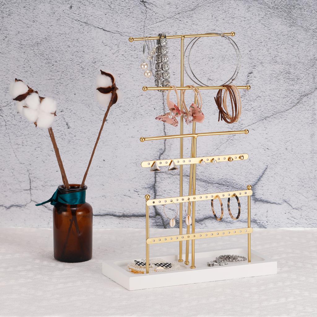 Jewelry Stand Holder 6 Tier Metal Necklace Display Organizer Earring Tower with Wood Tray for Bracelets Rings Necklaces Gold