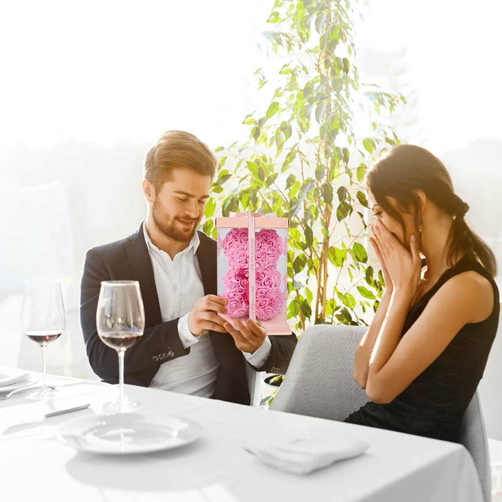 Медведь из роз Enhong, Никогда не Вянет, Мягкая игрушка, Украшение интерьера, День рождения, День святого Валентина, Рождество, Подарок на Новый год (С коробкой (розовый))