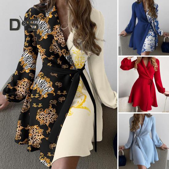 Весна-осень Женское платье со шнуровкой на талии, завязывающимся лацканом, V-образным вырезом, А-силуэтом, подходящим по цвету, пальто с длинными рукавами, деловое мини-платье для поездок на работу