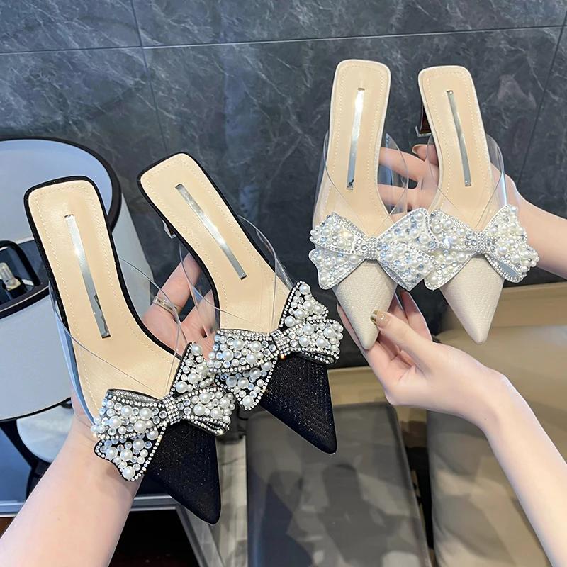 Мода 2025Милые туфли для женщин Прелестные тапочки Базовые шлепанцы Странные высокие каблуки Однотонные с острым носком С бантом-бабочкой Летние тапочки