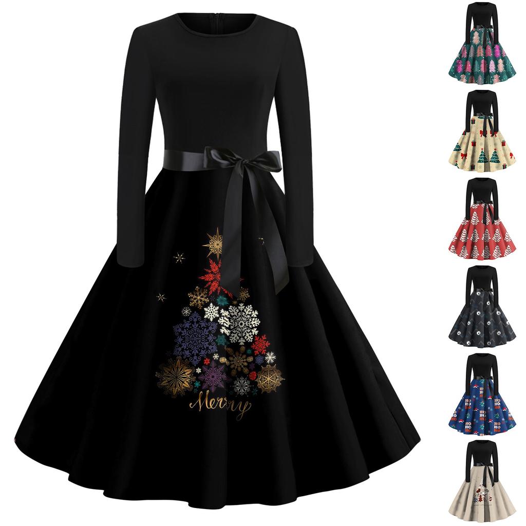 Женские рождественские повседневные модные винтажные платья с круглым вырезом и длинными рукавами с принтом