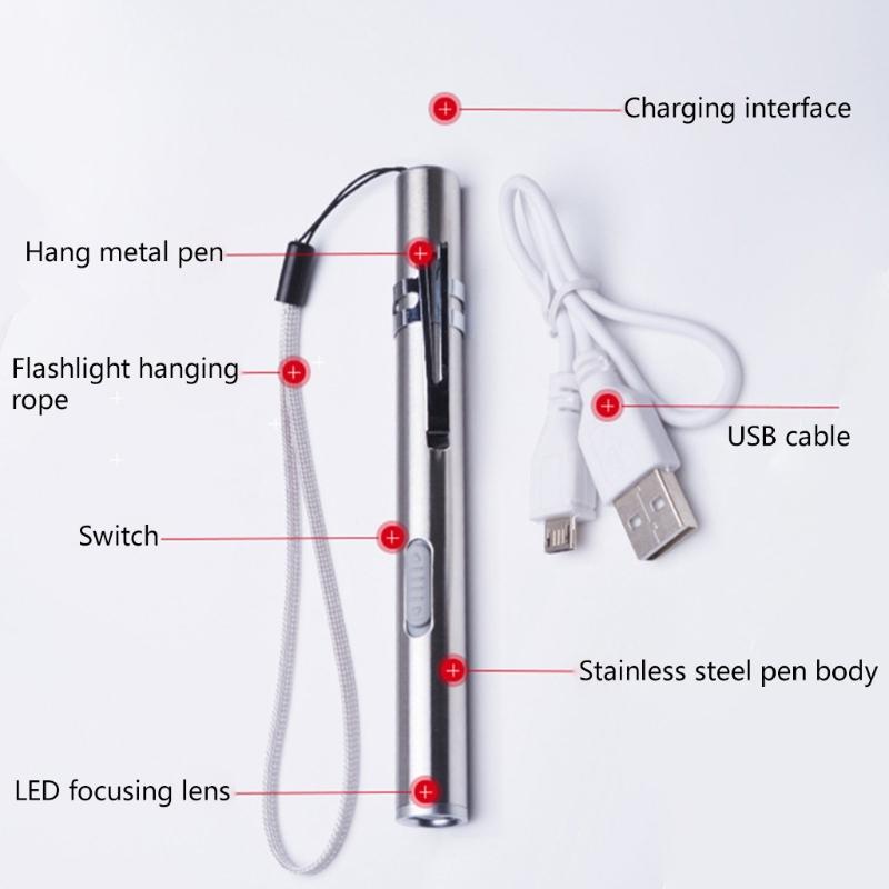 Ручной фонарик-ручка с USB-кабелем, перезаряжаемый, маленький, яркий, мини-светодиодный, карманный, для улицы