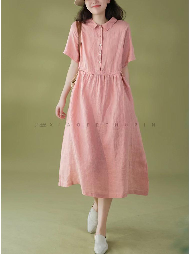 Korean Style Cotton Linen Retro Long Dress for Women, Spring/Summer 2026 Collection, Short Sleeve with Shirt Collar