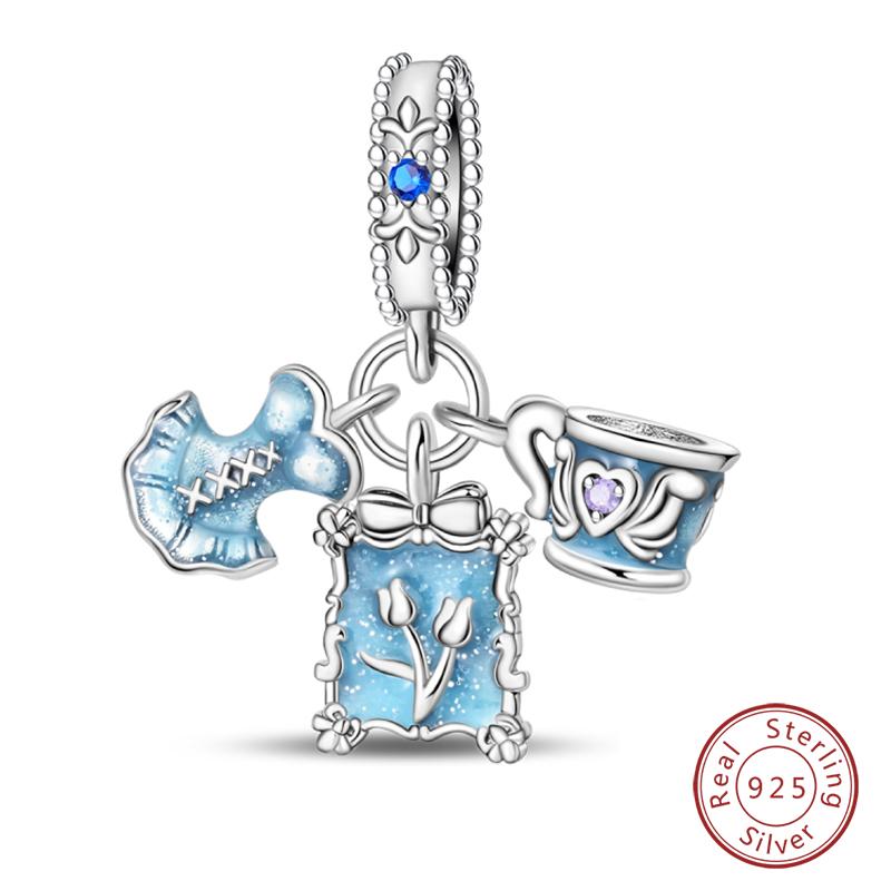 925 Silver Ocean Princess Magic Mirror Princess Rose Princess Charms Pendants Fit DIY Bracelets Party Jewelry