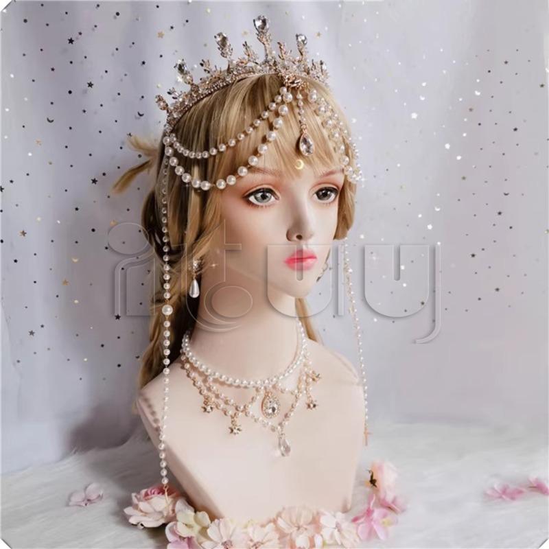Handmade Notre Dame Apollo Sun Lolita KC Crystal Crown Headband Wedding Crystal Pearl Crown Halo Necklace Hair Accessories Set