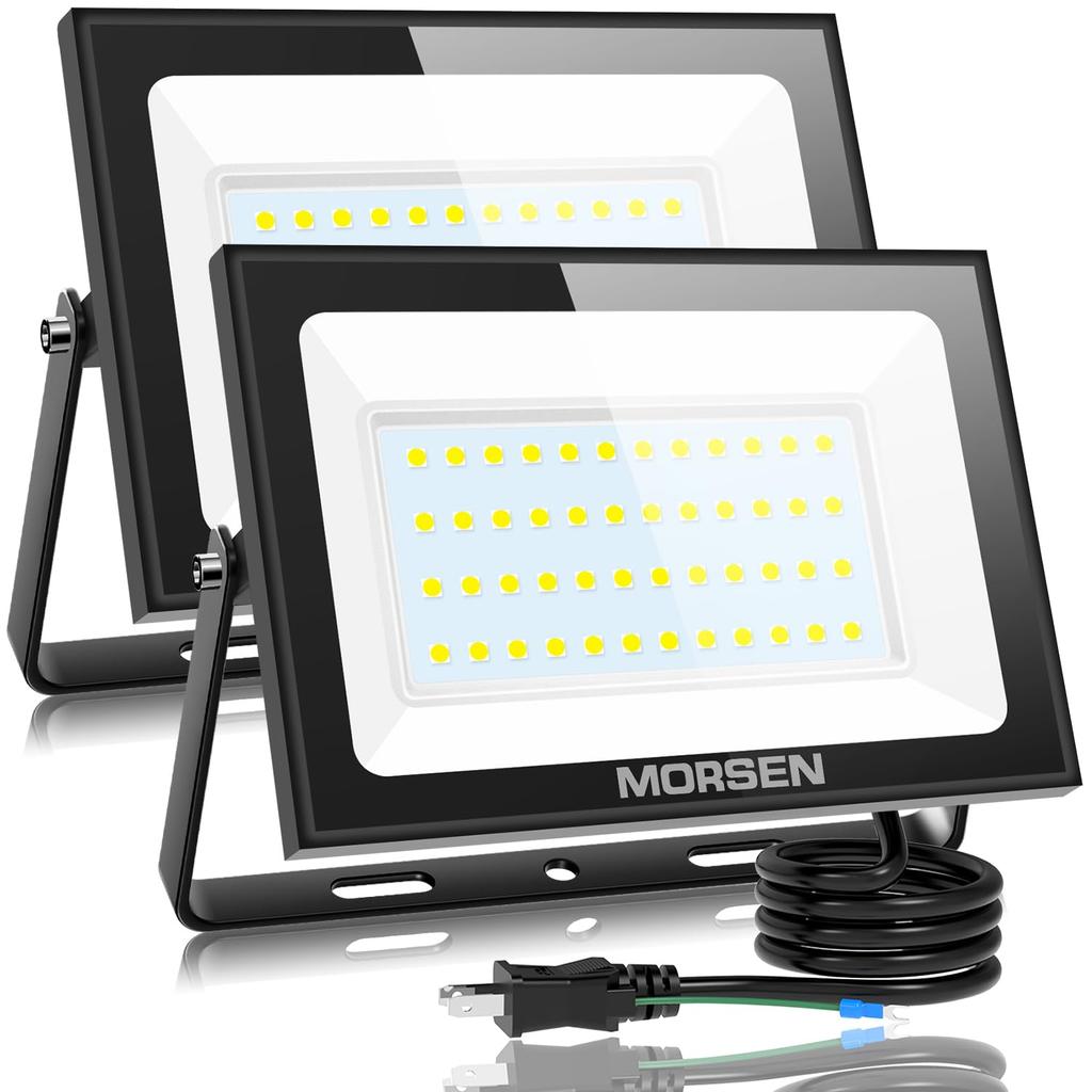 MORSEN 80W LED Floodlight, Set of 2, 10000ML, 6500K, Ultra-Thin, 100V, Waterproof, for Work, Outdoor, Construction, Sign, Fishing, and Parking Lots