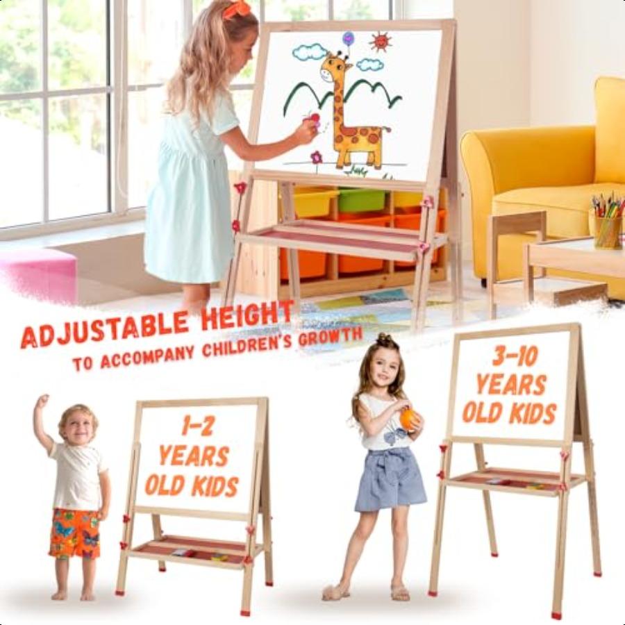 Wooden Art Easel for Double Sided Foldable Easels for Toddlers 3 4 5 6 7 8 9 10 Years Adjustable Standing Easel with Accories P