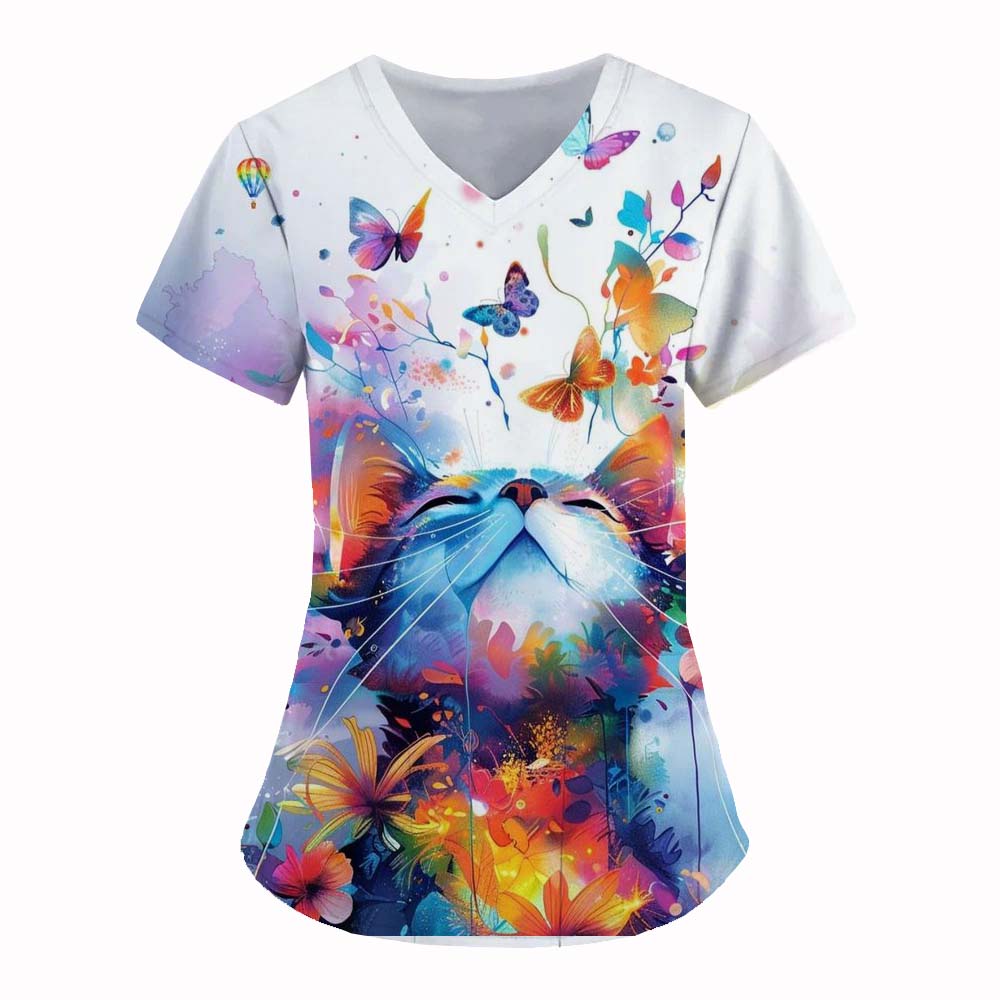 Medical Uniform for Women Cute Cat 3D Print V-Neck Clinical Uniform Short Sleeve Patch Pocket Tops Surgical Women's Uniforms