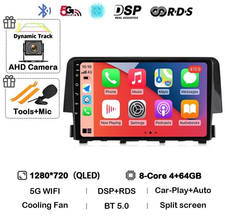 Android 14 Беспроводной Carplay Auto Для Honda Civic 2016 2017 2018 2019 2020 Автомагнитола Стерео Мультимедийный Плеер GPS 4G+WIFI DSP