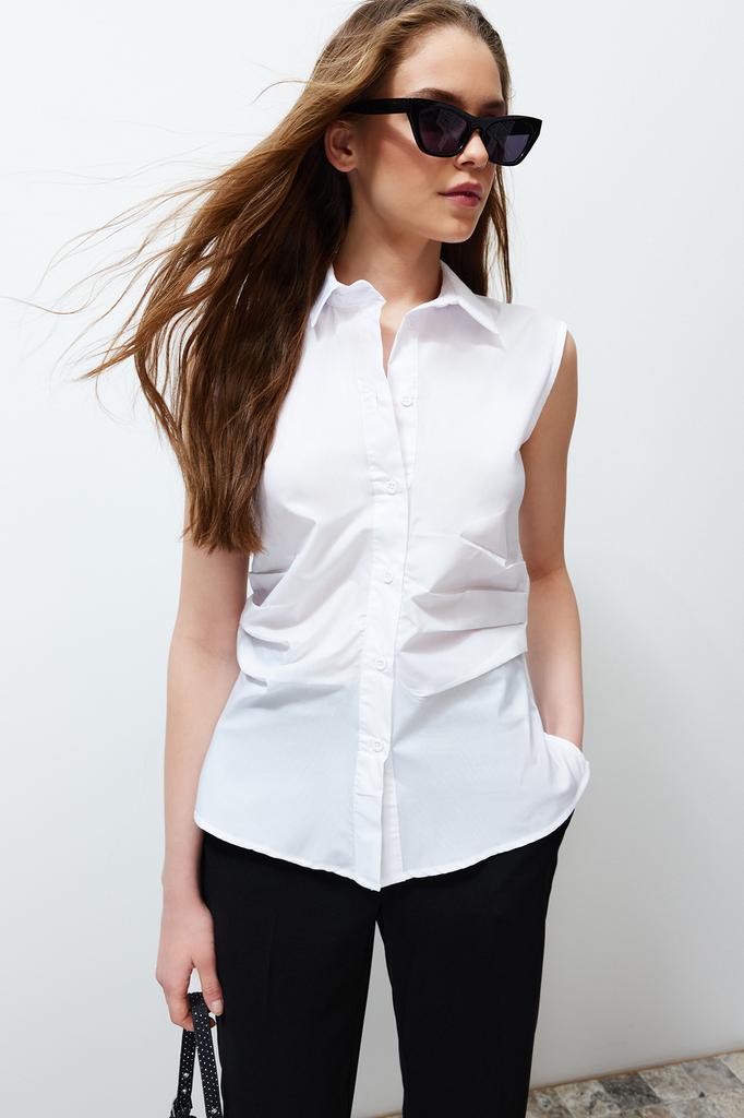 Women's Fashion Shirt Shirt Collar Sleeveless Red Pleated Fitted Waist-Fitting Woven Shirt