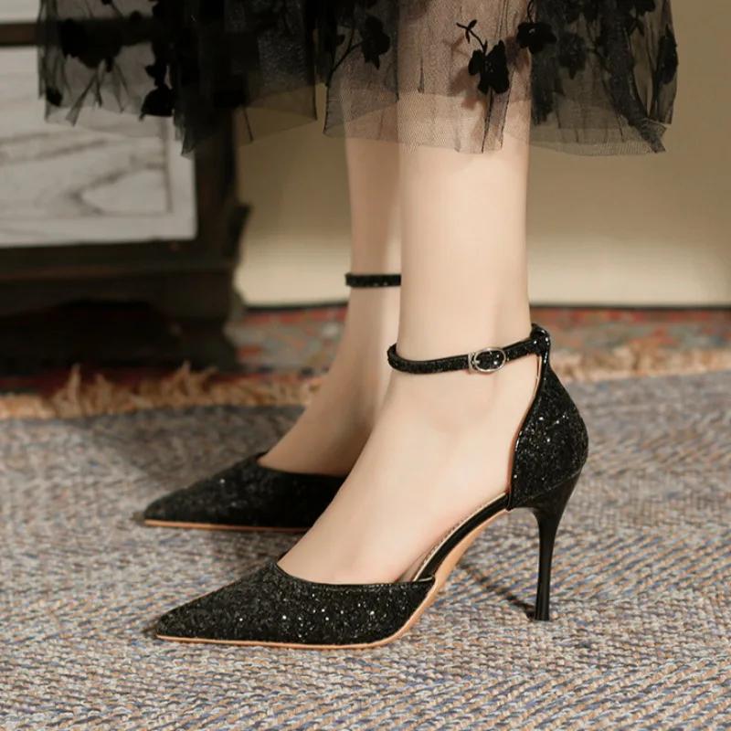 Fashion Exquisite Women's High Heels Summer Party Banquet Shoes French Designer Sheos Pointed End Elegant Sequin High Heels Women Shoes