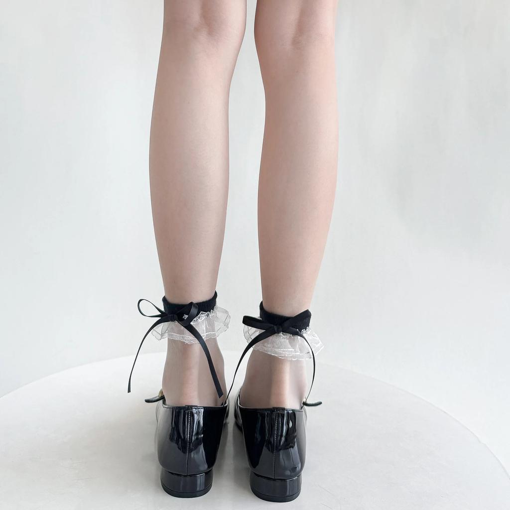 Summer Ultra-thin Transparent Crystal Silk Socks Women Bandage Ribbon Bow Kawaii Socks Lolita Sweet Girls Cute Lace Ruffle Socks