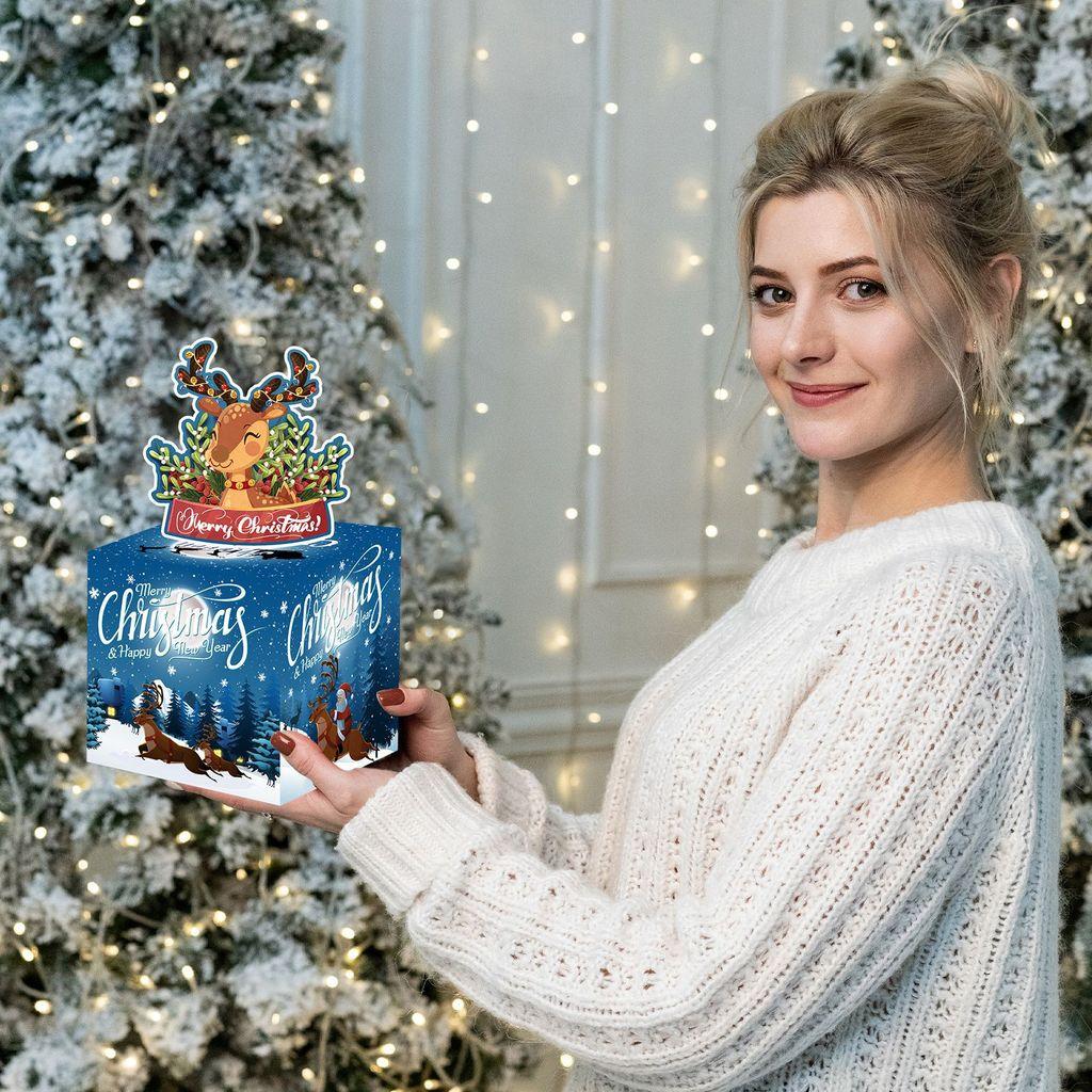 Christmas Blue Themed Reindeer Pattern Surprise Gift Paper Box Holiday Props