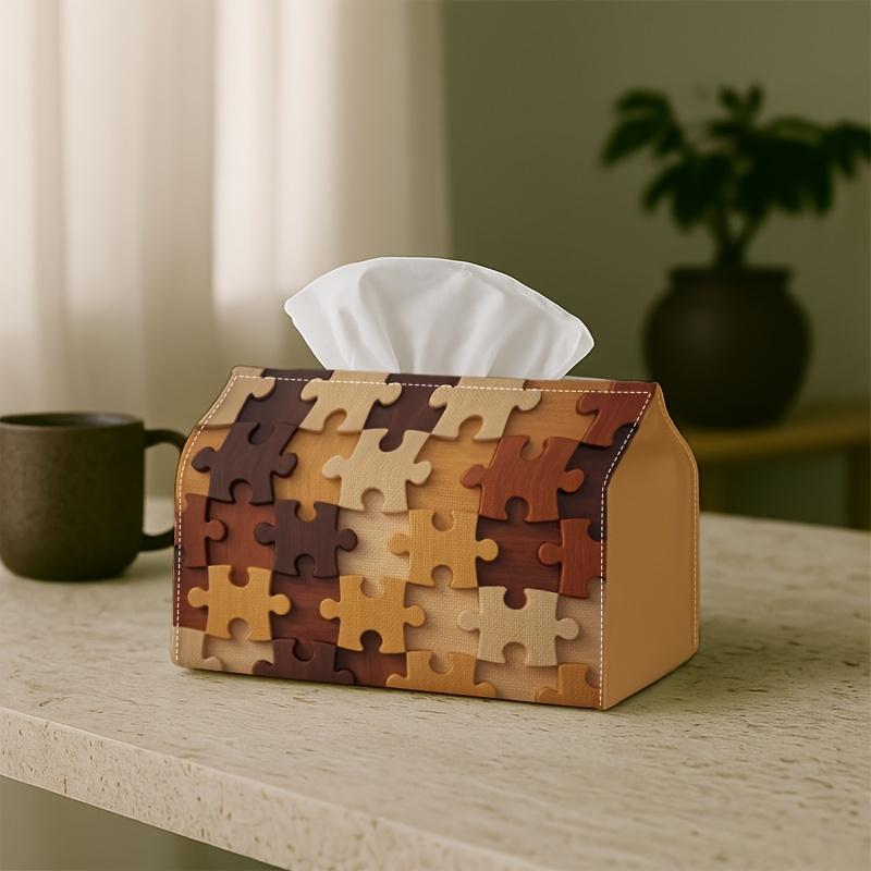 1pc Puzzle Tissue Box - Rustic Brown Geometric Tissue Paper Holder for, Car, Office - Decorative Napkin Case, Rectangular Suitable for Living Room, De