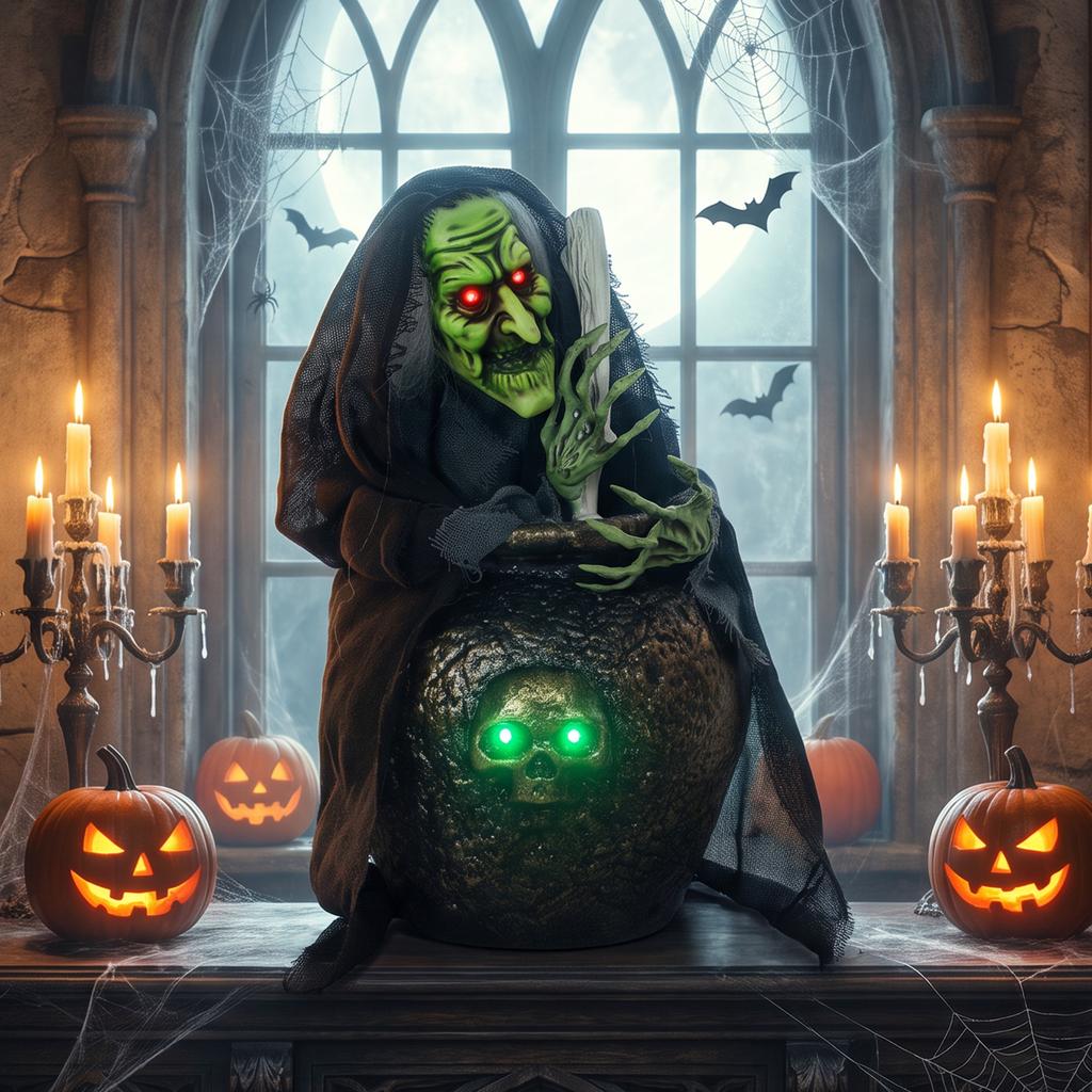 Animated Halloween table witch with laughing sound, glowing eyes and sound/touch activation
