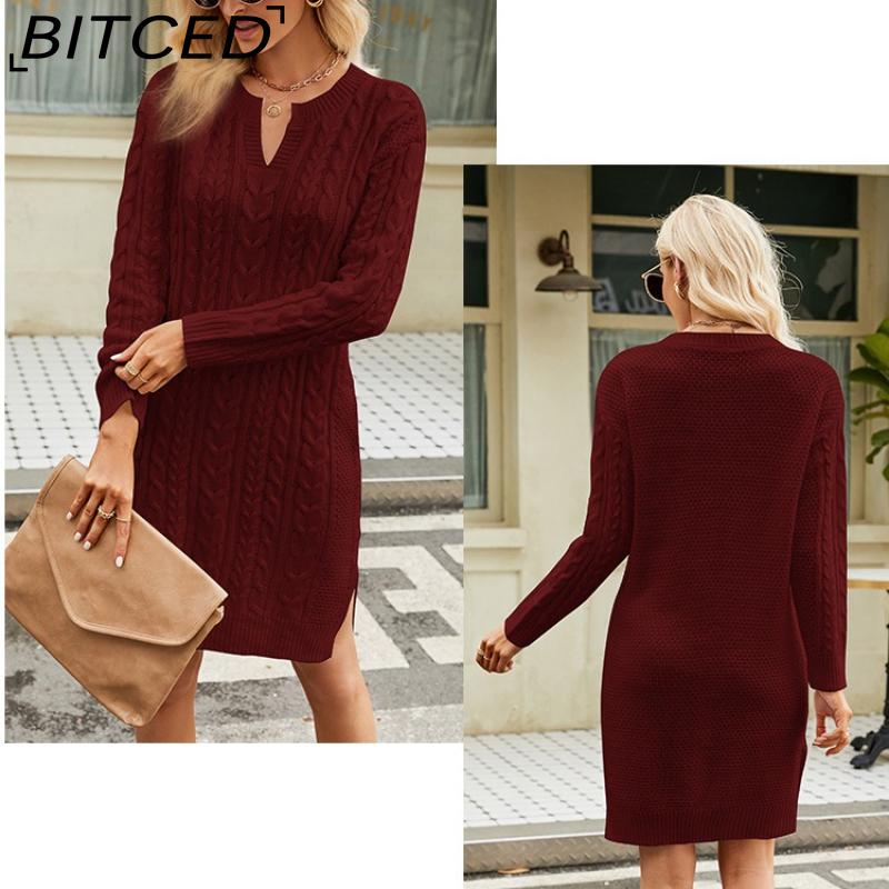 BITCED Осенне-зимнее вязаное платье миди с перекрученным узором, однотонное, с разрезом по подолу, свободного кроя, пуловер, женское шерстяное платье