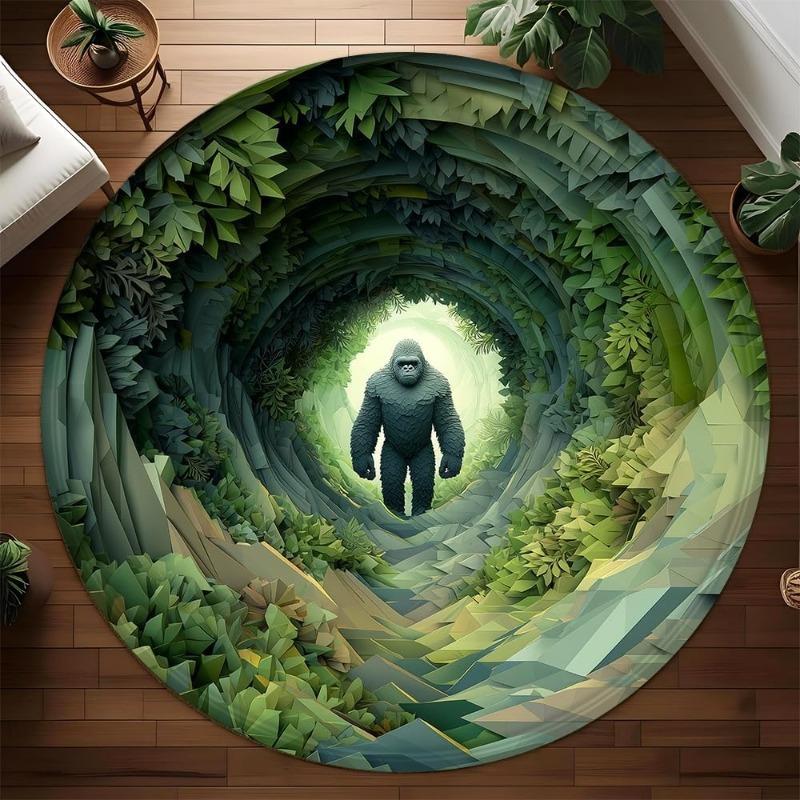 2D Jungle Gorilla Round Rug Poly Forest Tunnel Gorilla Circular Rug Fantasy Wildlife Decor Non-Slip Floor Mat for Living Room