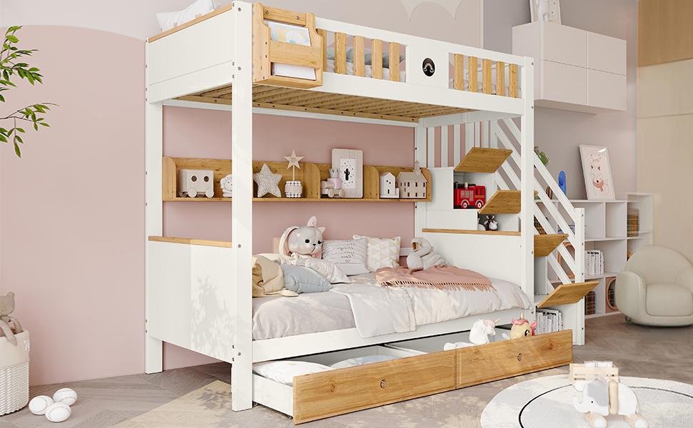 [315421234WAA]Bunk bed, frame made of pine wood and MDF, children's bed with 4 compartments in the stairs, 2 drawers, White+Natural, 90x200cm