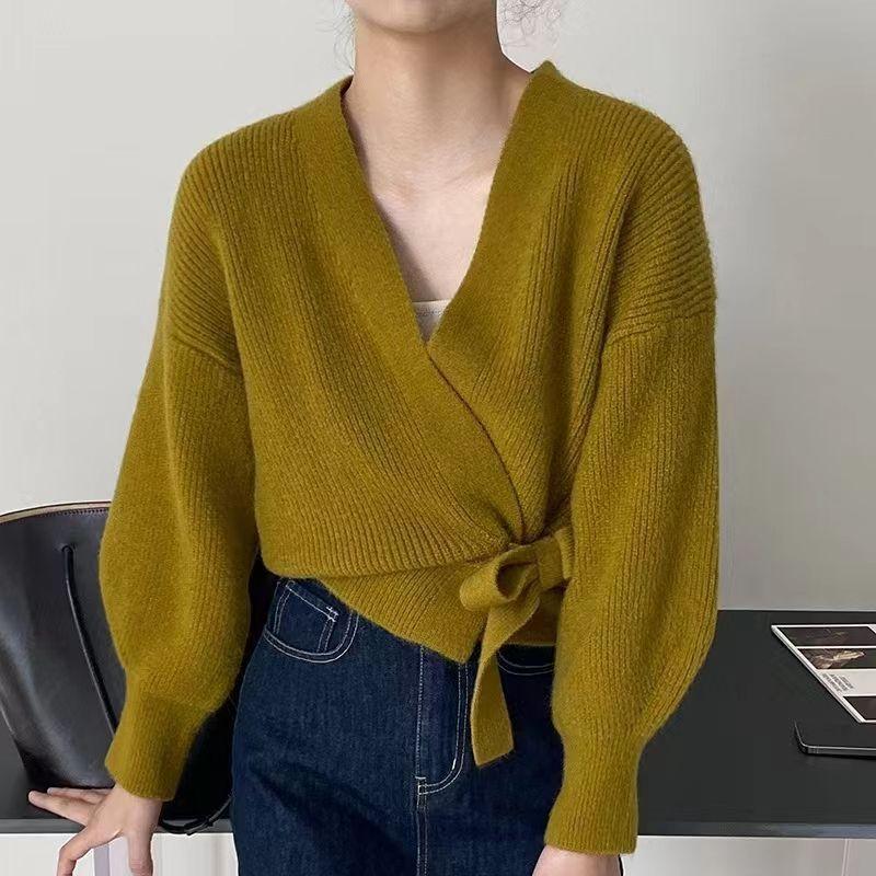 Cardigan Sweater Female Autumn Bow Tie V-Neck Knit Women Short High Waist Cardigan Sweater Coat Overlay Design Sense Sweater