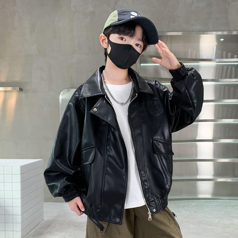 Stylish Leather Jacket for Boys for Spring and Fall Loose-Fitting Workwear Jacket for Kids
