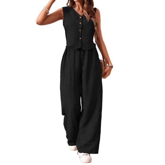 Женский летний комплект из двух частей: безрукавка с V-образным вырезом, жилет на пуговицах, высокая талия, широкие брюки, повседневный офисный женский костюм