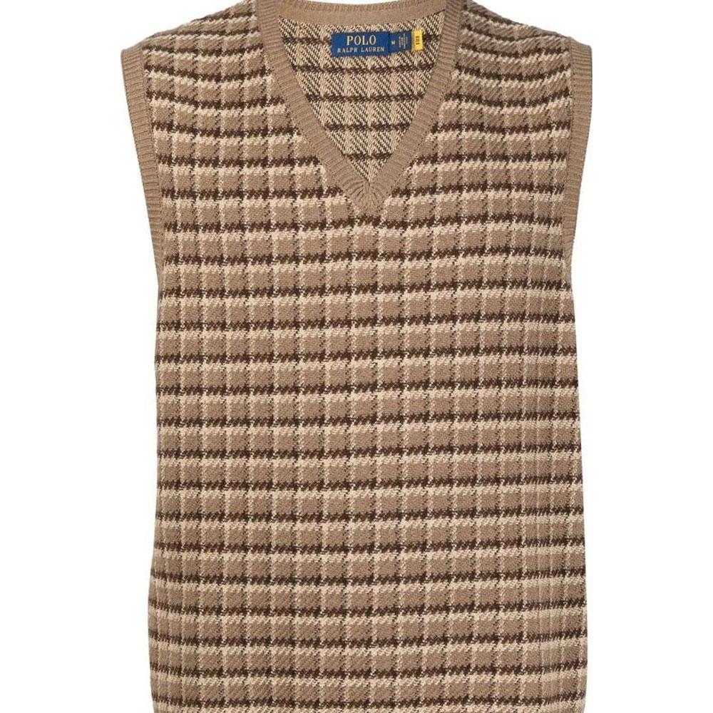 Polo Ralph Lauren SS23 Houndstooth V-Neck Sweater Men Sweater Beige 710864068-001