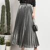 Women Maxi Skirt Elastic High Waist Pleated Golden Long Skirt Slimming Design Spring Summer Skirt Work Leisure Travel Wear
