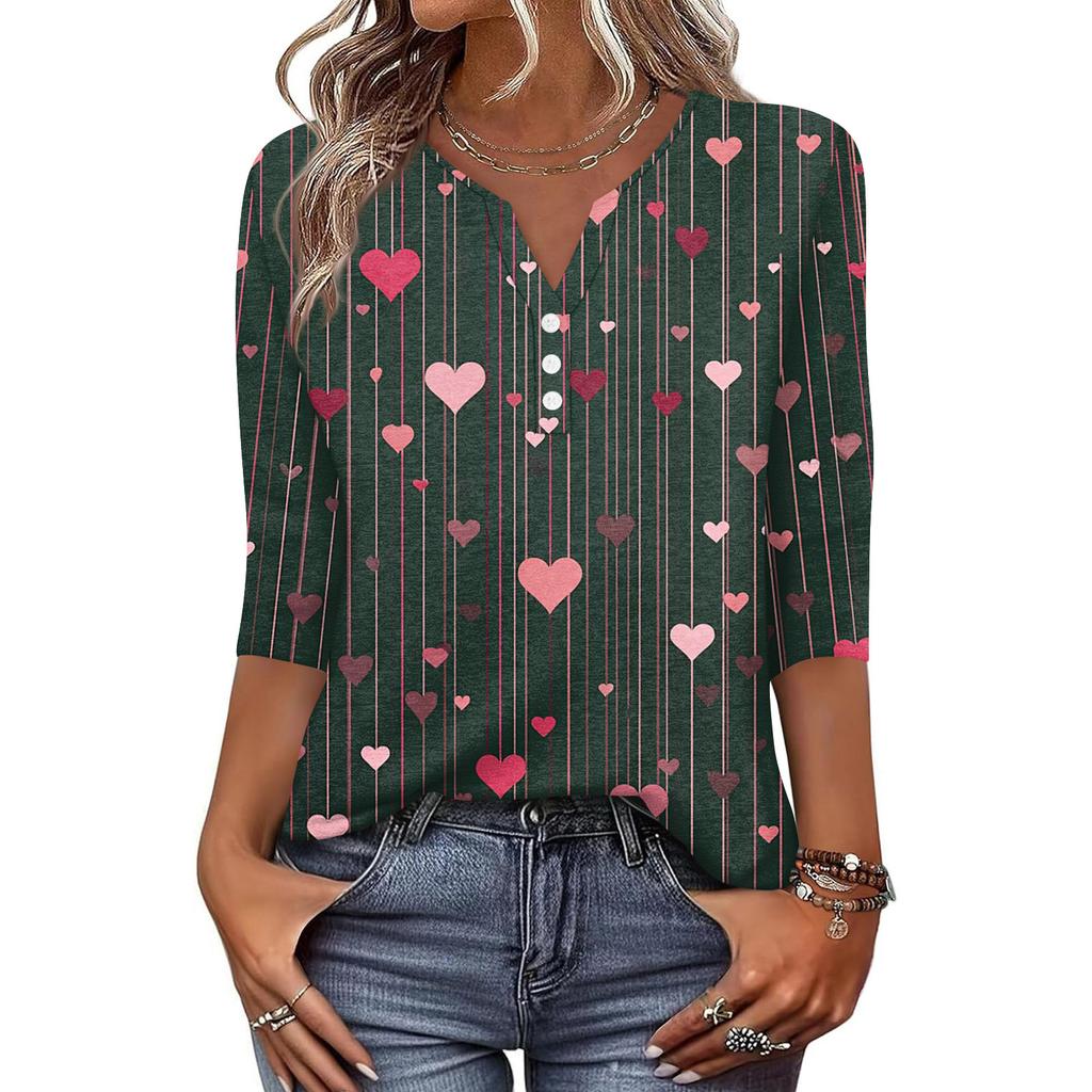 Жен. Футболка С принтом Пуговицы Рукав 3/4 Повседневные Выходные Мода Классический Классический V-образный вырез Обычный Верх