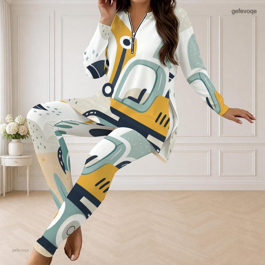 Women Plus Size Cartoon Excavator Printed Half Zip Long Sleeve Longline Top Fitted Pants Set